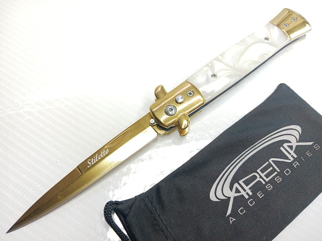 Milano Diablo Stiletto Automatic Switchblade Pocket Knife - Pearl Marble & Gold 