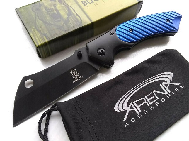 Buckshot Blue Metallic Pocket Knife Spring Assisted Sheepsfoot Cleaver Blade EDC Frame Lock 