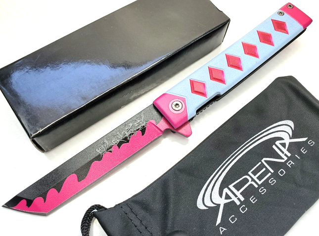 Pink Anime Hearts Samurai Katana Blade Spring Assisted Pocket Knife 